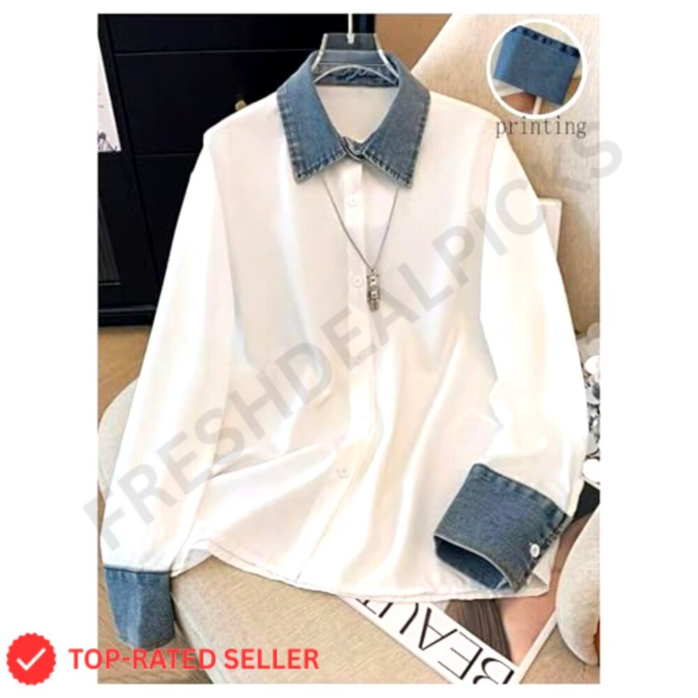 Patchwork Collared Button Down Blouse Long Sleeve… - image 3